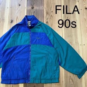 90s FILA フィラ ナイロンジャケット 両面刺繍ロゴ ジップアップジャンパー ポケットジップ USA企画 ヴィンテージ 裏地メッシュ 玉mc3192