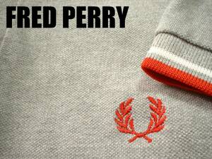 ポルトガル製FRED PERRY淵ラインポロシャツ38in杢グレーx白ホワイトx赤レッド正規フレッドペリー美品MADE IN PORTUGAL月桂樹刺繍POLO