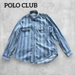 POLO CLUB 青　ストライプ　ダンガリーシャツ　LL  刺繍　大きめ