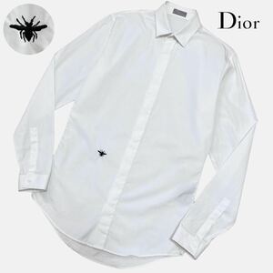 極美品/エディ期●Dior HOMME ディオール オム BEE刺繍 蜂 長袖 シャツ ドレス カジュアル 比翼 ホワイト 白 37 綿 イタリア製 メンズ
