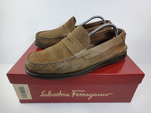 【フェラガモ】本物 FERRAGAMO 靴 25cm 茶 コインローファー スリッポン ビジネスシューズ スエード 男性用 メンズ 伊製 7 EE 箱有