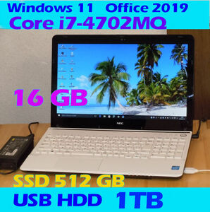 【 強力 Core i7-4702MQ メモリ 16 GB 新品SSD512GB + HDD 1TB 】 Windows11 / BLu-ray / 高速 WiFi / Office 2019 H&B / Bluetooth