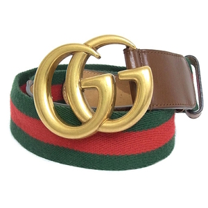 グッチ GUCCI ベルト 409416 GGマーモント シェリーライン ブラウン グリーン レッド レザー×キャンバス 80/32【中古】【程度B】