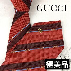 極美品　GUCCI　グッチ　ネクタイ　GGマーモント　ダブルG　ホースビット　ストライプ　ボルドー　シルク