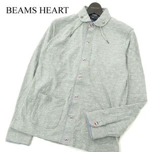 BEAMS HEART ビームス ハート トリコロール ボタン★ ストライプ使い 長袖 リンクス コットン ニット シャツ Sz.M メンズ 灰　A4T00510_1#O