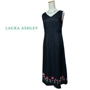 LAURA ASHLEY【ローラアシュレイ】麻100％ お花 刺繍 ワンピース 7号