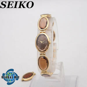 え06148【美品】SEIKO セイコー/ラサール/クオーツ/レディース腕時計/カットガラス/文字盤 ブラウン/1E20-3A60/コマ付