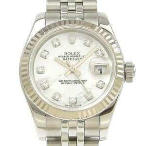 【本物保証】 保付 新品同様 ロレックス ROLEX デイトジャスト レディース 自動巻き 腕時計 ホワイトシェル文字盤 8Pダイヤ 179174G V番