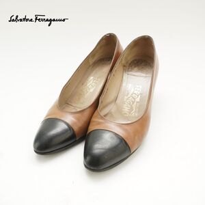 Salvatore Ferragamo サルヴァトーレフェラガモ 6 23.5 パンプス イタリア製 ヒール レザー バイカラー 黒 ブラック ブラウン/SC95