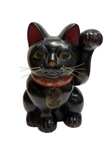 【特大】黒招き猫　招き猫 黒猫 小判猫（左手）商売繁盛 縁起物　陶器 福寿 置物 高さ約33cm 昭和レトロ