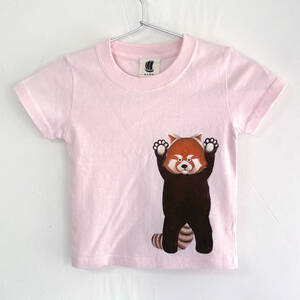 キッズTシャツ 130サイズ ピンク レッサーパンダ柄Tシャツ ホワイト ハンドメイド 手描きTシャツ 動物