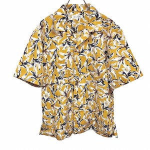 ザ・ショップ ティーケー オープンカラーシャツ 植物柄 半袖 ポリ100% M マスタードイエロー 黄色系×青×茶系×ベージュ×白 メンズ
