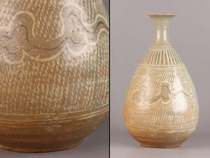 古美術 朝鮮古陶磁器 高麗青磁 白黒象嵌 花瓶 時代物 極上品 初だし品 C5858