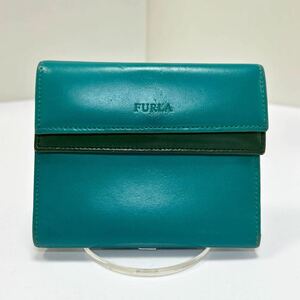 ◆FURLA フルラ　三つ折り財布◆　本革　小銭入れ＆定期入れ有　バイカラー　ターコイズブルー＆グリーン 【USED】 0319