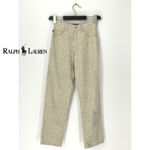 A9856/春夏 POLO JEANS RALPH LAUREN ラルフローレン リネン コットン 総柄 花柄 スラックス ワーク パンツ 2 XS程 クリーム色 レディース