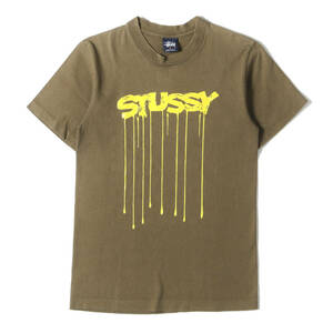 STUSSY ステューシー Tシャツ サイズ:S 90s OLD STUSSY 紺タグ ペンキロゴ クルーネック Tシャツ USA製 カーキ 90年代 アーカイブ