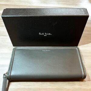 ☆美品☆ Paul Smith ラウンドファスナー レザー 長財布 ポールスミス カーキ×ブラック系 メンズ ロングウォレット 箱付き 中古 1円～