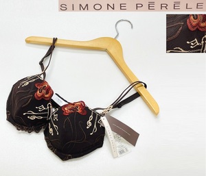 未使用品 /90C/ Simone Perele ブラウン ブラジャー タグ レディース 音符フラワー花柄刺繍 モダン 茶系 上品 大人可愛い シモーヌペレール