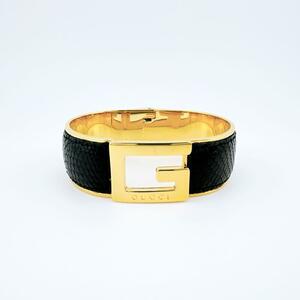 美品 GUCCI グッチ リザード バングル レディース ブラック×ゴールド