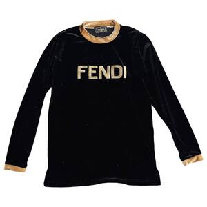 ◆中古品◆ FENDI フェンディ ベロア 長袖Tシャツ カットソー ロンT ヴィンテージ ロゴ刺繍 トップス 黒 ブラック レディース V76121ND