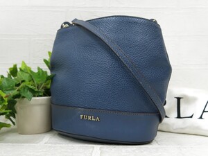 超美品◆FURLA フルラ◆カーフ レザー 本革◆ショルダー バッグ◆ブルーグレー ゴールド金具◆ロゴ金具◆斜め掛け◆肩掛け◆N9623