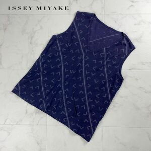 美品 HaaT isseymiyake イッセイミヤケ 総柄 Vネックノースリーブカットソー トップス レディース 紺 ネイビー サイズ3*QC487