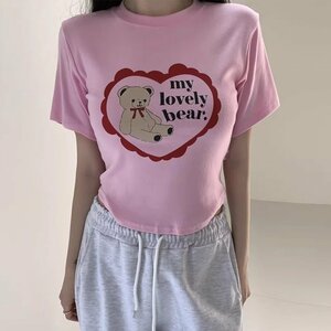 トップス Tシャツ レディース ハート 韓国 クマ かわいい フリー ホワイト