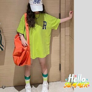 【5枚まとめ】 【新品】130cm ダンス 衣装 BIG Tシャツ tシャツ 女の子 ジュニア ロング丈 半袖 グリーン