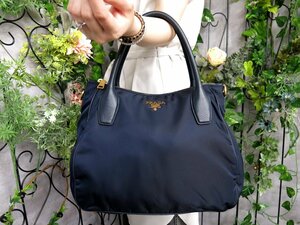 超美品●PRADA プラダ●ロゴ金具●ポコノ ナイロン カーフ レザー 本革●トート バッグ●ダークネイビー●G金具●A4 収納 かばん●Js46954