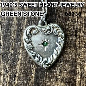 40sスウィートハートジュエリーGreen stone シルバー ヴィンテージ ネックレスNAVY