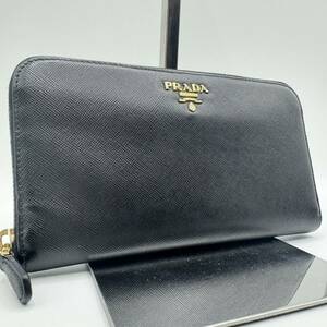 1円■極美品■PRADA プラダ 三角ロゴ サフィアーノレザー ラウンドファスナー トライアングル 長財布 メンズ レディース ビジネス ブラック