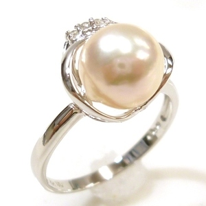 【K14WG】 大粒！パール 8mm & ダイヤモンド リング 指輪 14号 ホワイトゴールド White gold Pearl Diamond ring【ネコポスOK】◇J