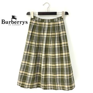 A7149/ビンテージ 80s 春夏 BURBERRY バーバリー コットン リネン チェック フレア ロング 膝丈 ミモレ丈 スカート 9AB2 緑/レディース