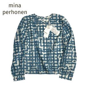 新品タグ付☆mina perhonen☆ミナペルホネン シルクコットン プリント プルオーバーブラウス ブルー サイズ36