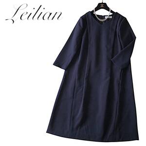 D33◆極美品 レリアン Leilian 大きいサイズ 13 XL 前後ゆったり 美ライン タック ワンピース 身幅53cm ストレッチ フォーマル 食事会 春秋