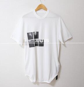 極美品 JULIUS ユリウス サイズ3 プリント ラウンド クルーネック 半袖 ロング丈 Tシャツ カットソー 白 ホワイト