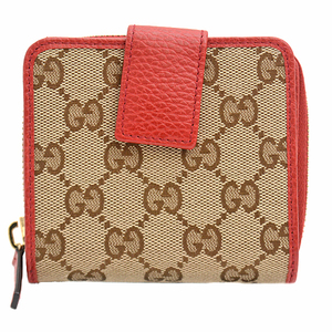 グッチ 財布 レディース ラウンドファスナー コンパクトウォレット 二つ折り財布 GGキャンバス ブラウン×レッド GUCCI 346056 中古