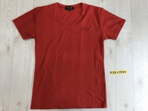 美品！BERNINGS SHO バーニングスショー メンズ Vネック ワンポイント刺繍 ポリエステル リブ 半袖Tシャツ L 赤