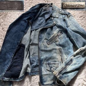 Lサイズ DIESEL ディーゼル【入手困難】ライダーズジャケット デニム ブルゾン ダメージ加工 vintage加工 メンズ ファスナー ロゴ ダブル