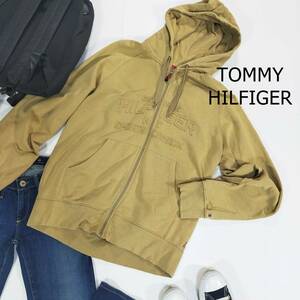 TOMMY HILFIGER トミーヒルフィガー パーカー サイズM ベージュ キャメル フード リブ 肘あて トルコ製 胸ロゴ フルジップ 3066
