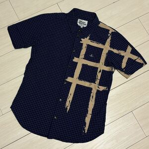 良品 Vivienne Westwood MAN S/S ヴィヴィアンウエストウッドマン 半袖 ハンドドローンチェック オーブ刺繍 シャツ メンズ JPN：46 日本製