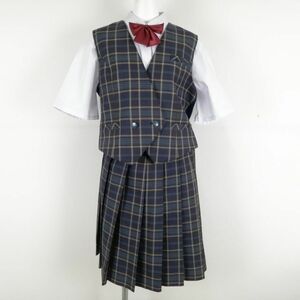 1円 ベスト チェックスカート リボン 上下4点セット 指定 トンボ 冬物 女子 学生服 中学 高校 制服 中古 ランクC NA8638