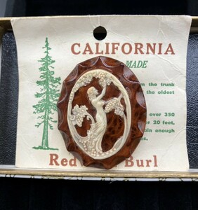 未使用美品！ カリフォルニア レッドウッド ブローチ California Redwood Burl カメオ風 ハンドメイド アンティーク