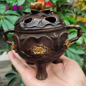 三本足の耳蓮華薫香炉 銅製 工芸品 美術品 置物