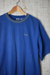 ☆US古着 FILA フィラ Tシャツ ロゴ刺繍 肉厚TEE ブルー青【L】コットン　　　　　◆2405◆