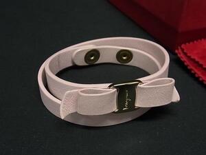 1円 ■美品■ Salvatore Ferragamo フェラガモ ヴァラリボン レザー 2連 ブレスレット アクセサリー レディース ピンク系 FK1381