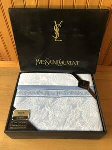 新品　箱入　YvesSaintLaurent イヴサンローラン 綿毛布 140x200cm 綿100％ 青系　ブルー　YSL ロゴ　ペイズリー