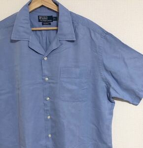 激レアカラー☆ サックス シルク リネン 90s ポロ ラルフローレン オープンカラー 開襟 半袖 シャツ L caldwell POLO ralph RRL camp