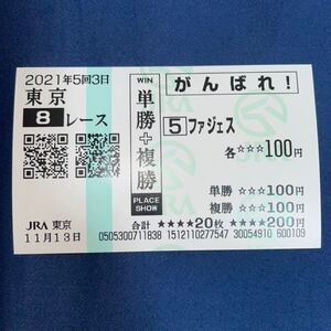11/13 5 ファジェス JRA 競馬 2021年 東京8R 現地 単勝+複勝 応援馬券 がんばれ 東京競馬場 馬券