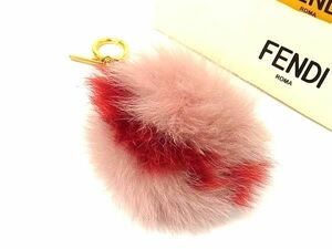 ■新品同様■ FENDI フェンディ ポンポンチャーム ファー キーホルダー キーリング バッグチャーム ピンク系×レッド系 FD2703